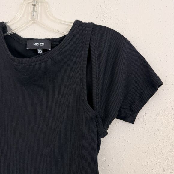 ME+EM Women's Sz 8 Black Ribbed Knit Split Shoulder Layered Casual Tee - Picture 3 of 7
